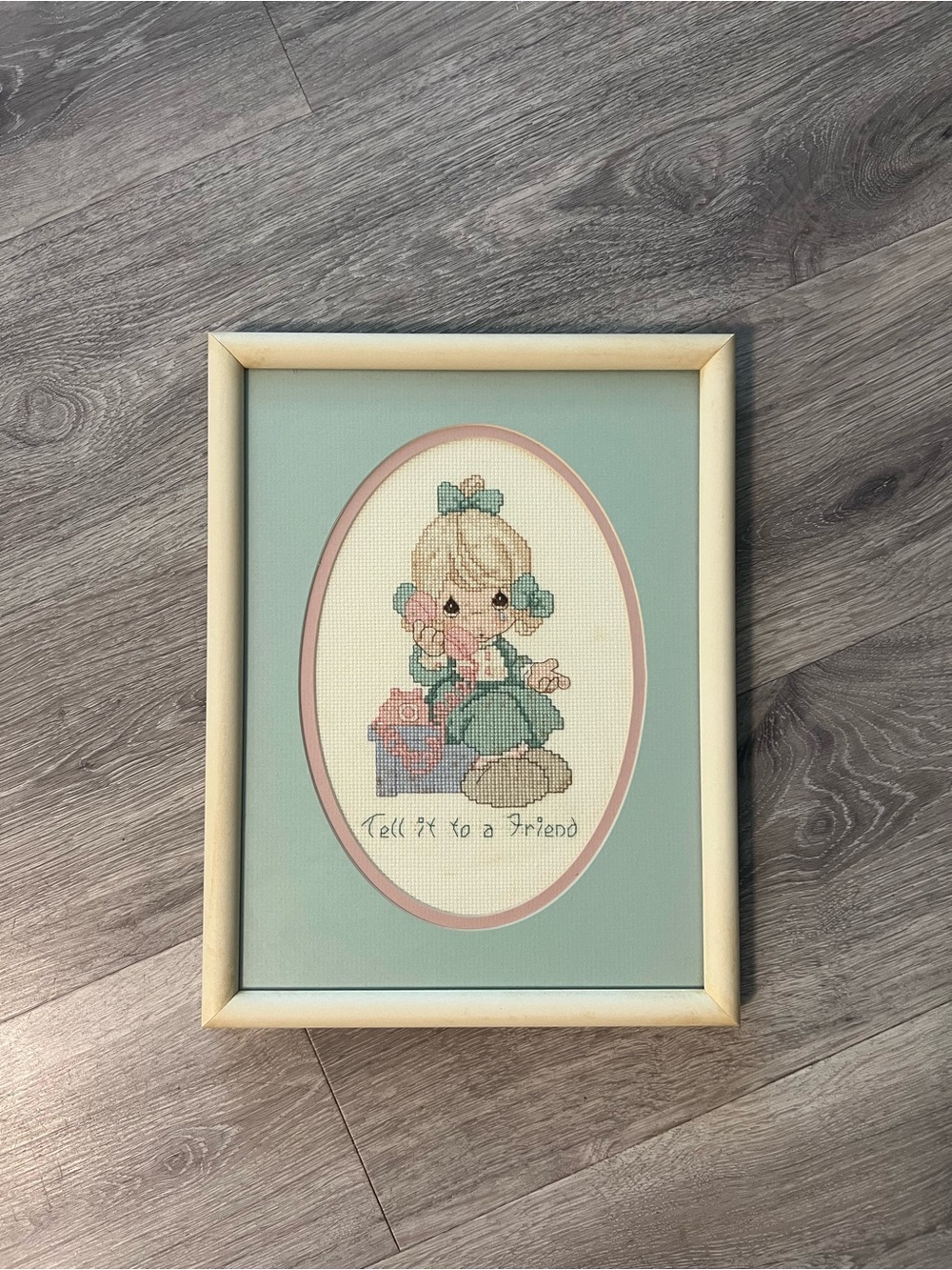 Precious moments Cross-Stitch Portrait in Mint & Pink 10x13in